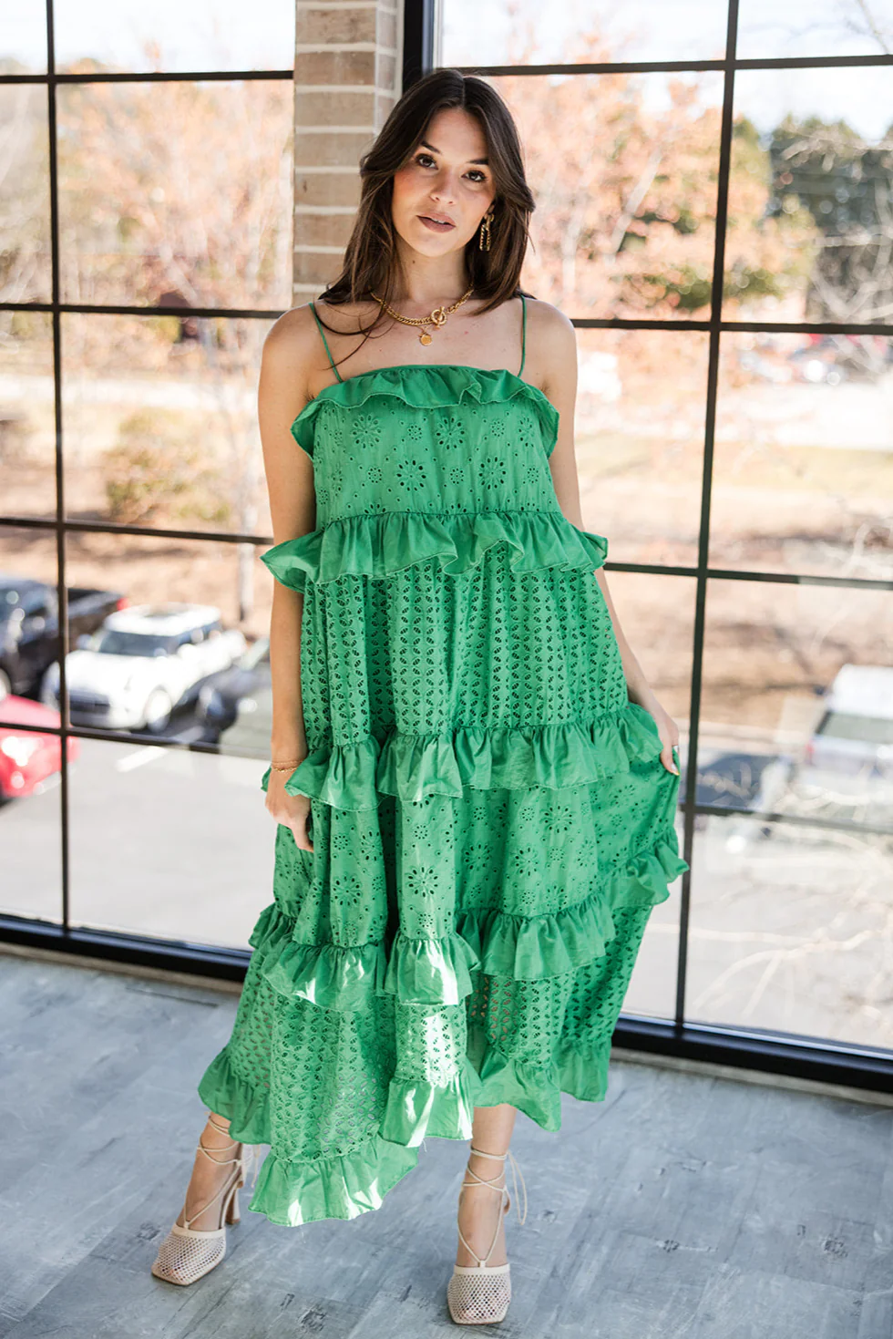 Maya Green Eyelet Tiered Ruffle Midi Dress - Image 2
