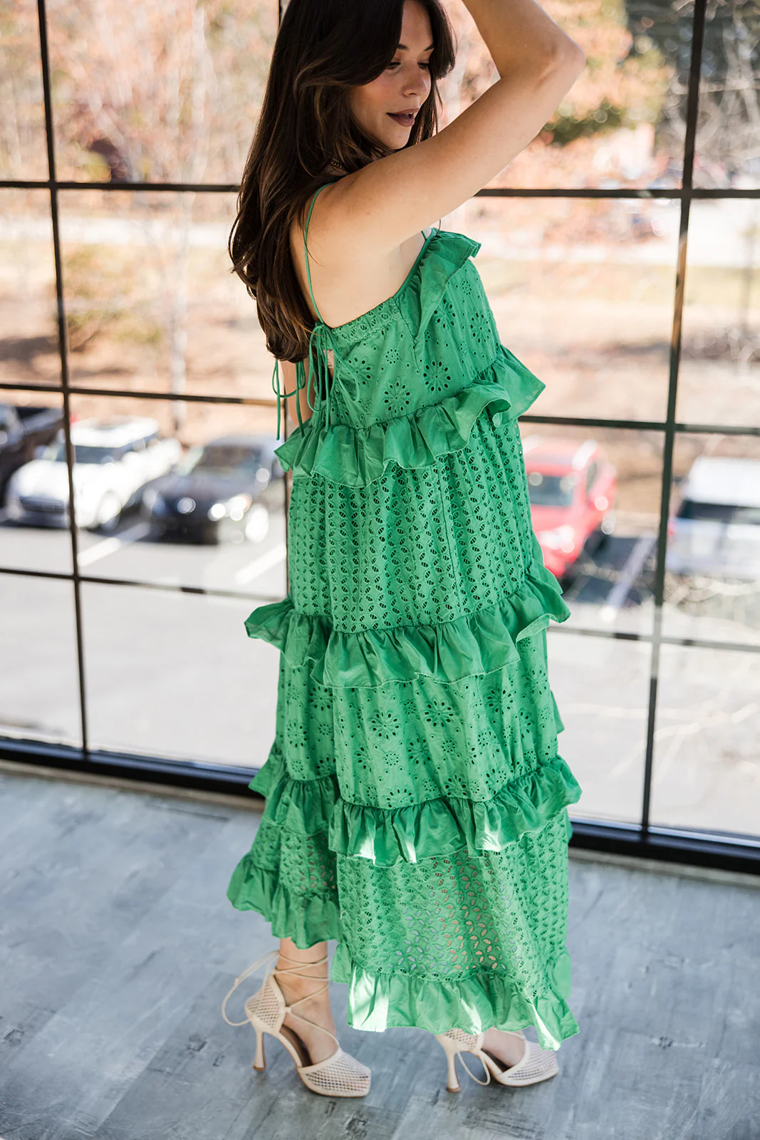 Maya Green Eyelet Tiered Ruffle Midi Dress - Image 3