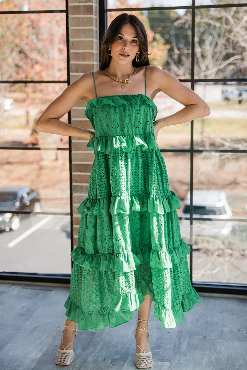 Maya Green Eyelet Tiered Ruffle Midi Dress - Image 9