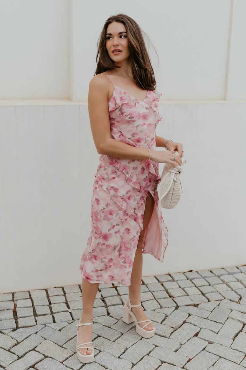 Maya Pink Multi Floral Ruffle Slit Midi Dress - Image 2