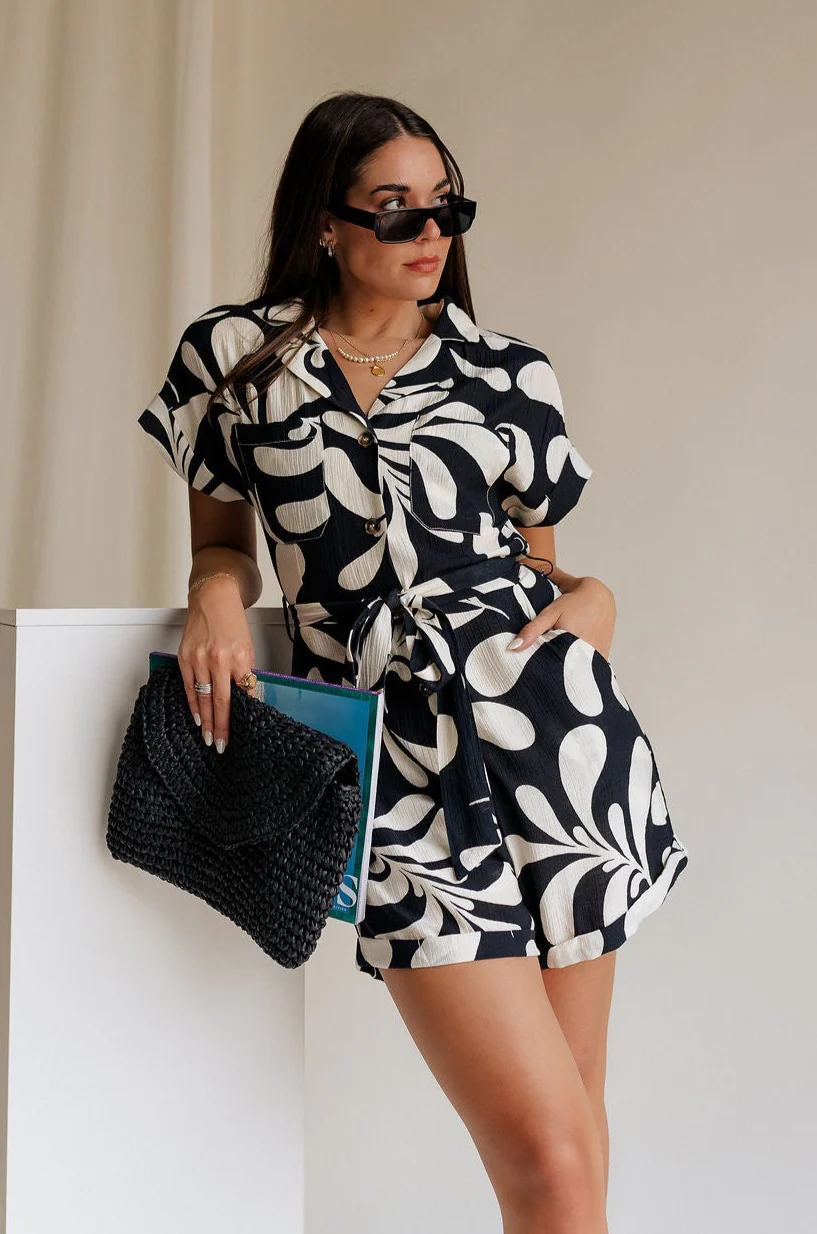 Melanie Black & Cream Printed Romper