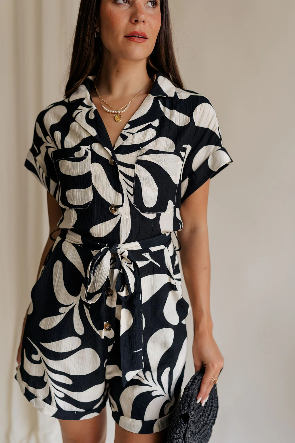 Melanie Black & Cream Printed Romper - Image 2