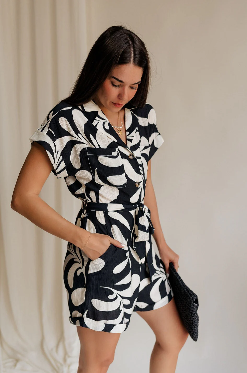 Melanie Black & Cream Printed Romper - Image 3