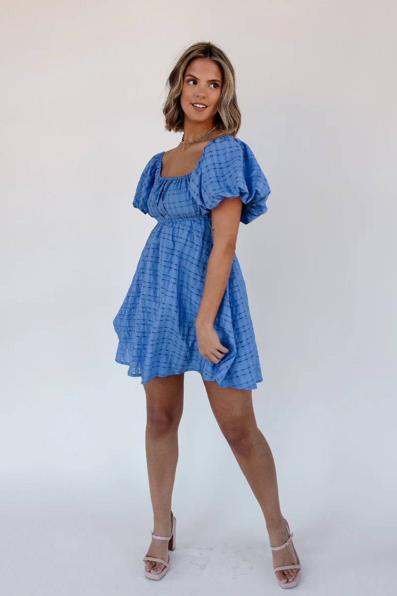 Melanie Blue Plaid Short Sleeve Mini Dress