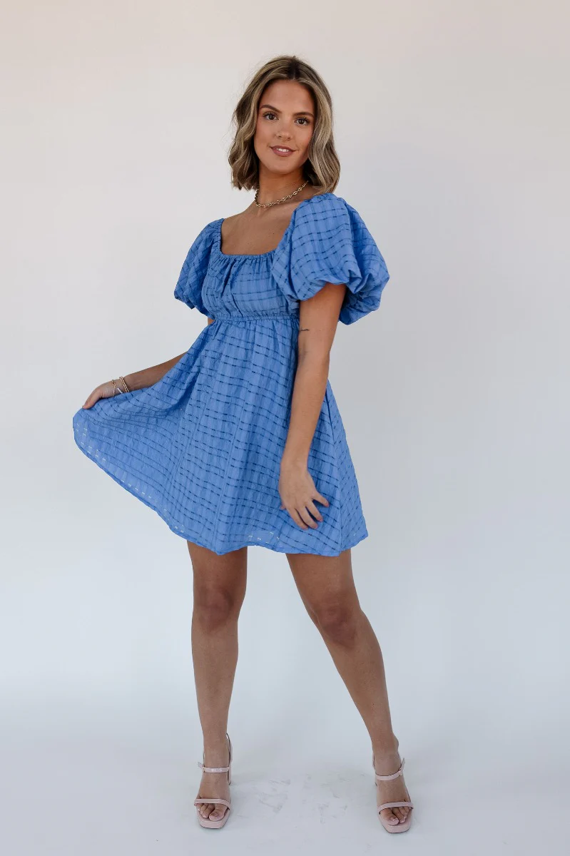 Melanie Blue Plaid Short Sleeve Mini Dress - Image 2