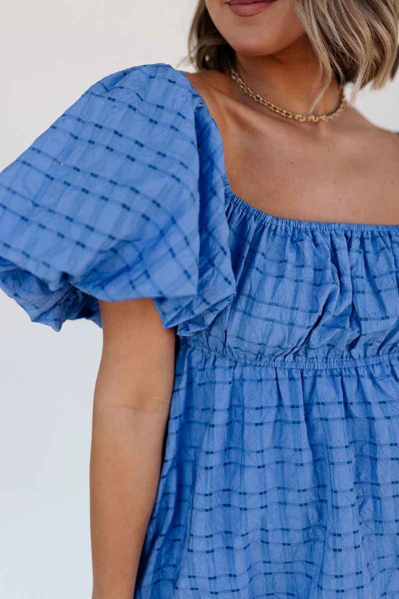 Melanie Blue Plaid Short Sleeve Mini Dress - Image 3