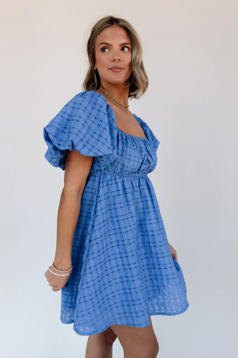 Melanie Blue Plaid Short Sleeve Mini Dress - Image 5