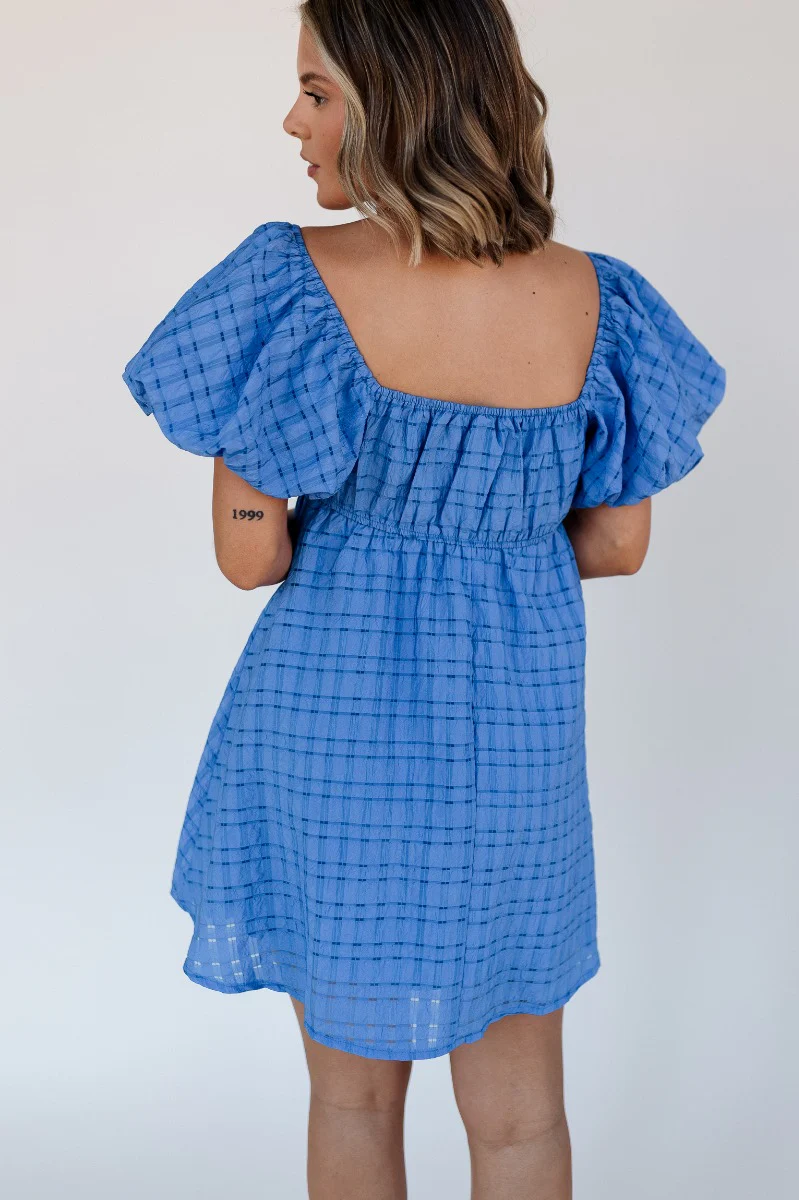 Melanie Blue Plaid Short Sleeve Mini Dress - Image 6