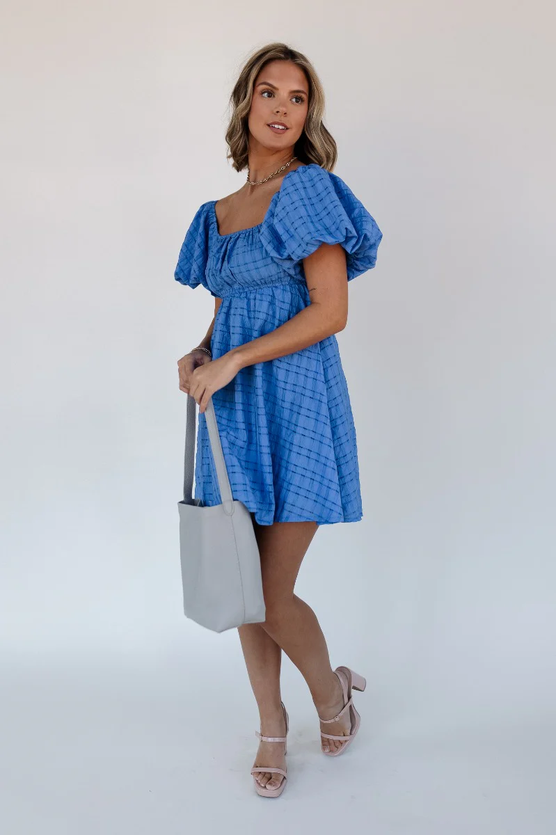 Melanie Blue Plaid Short Sleeve Mini Dress - Image 7