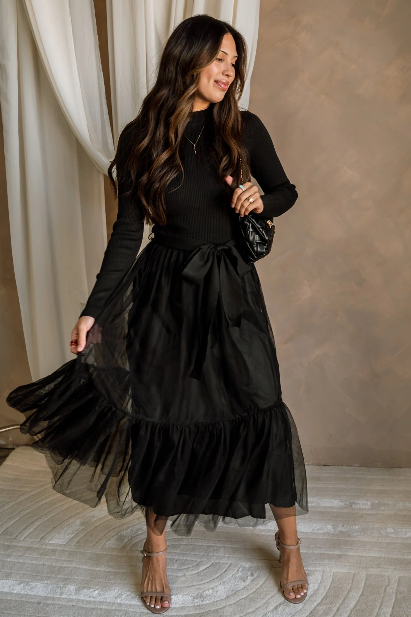 Melina Black Knit & Tulle Midi Dress