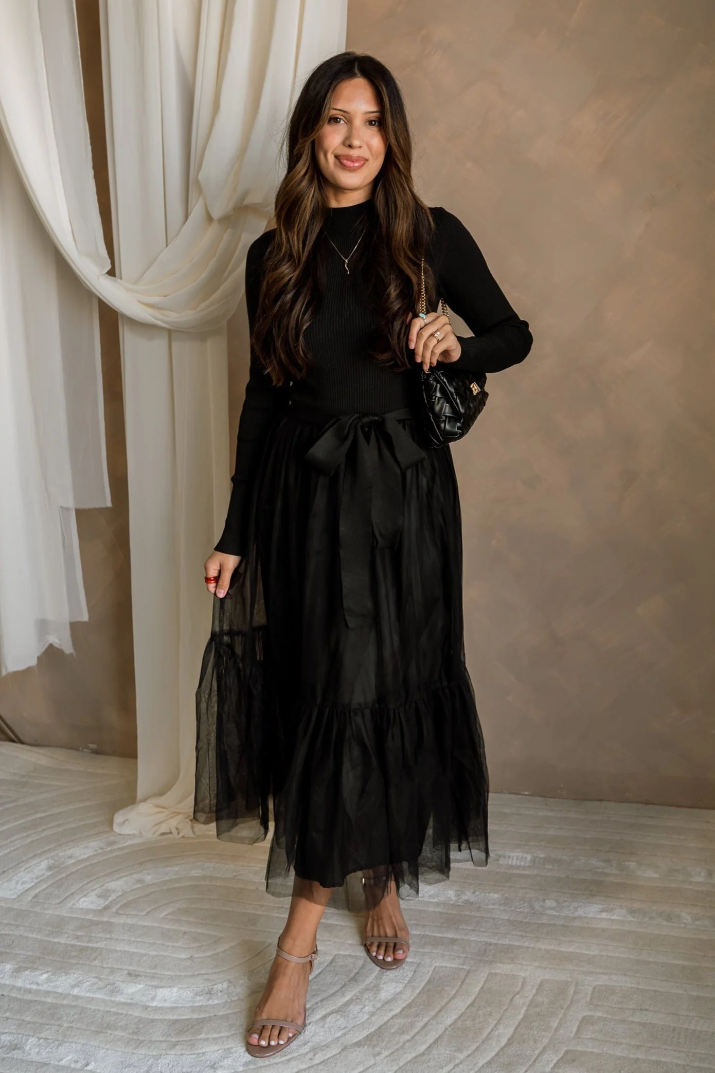 Melina Black Knit & Tulle Midi Dress - Image 2