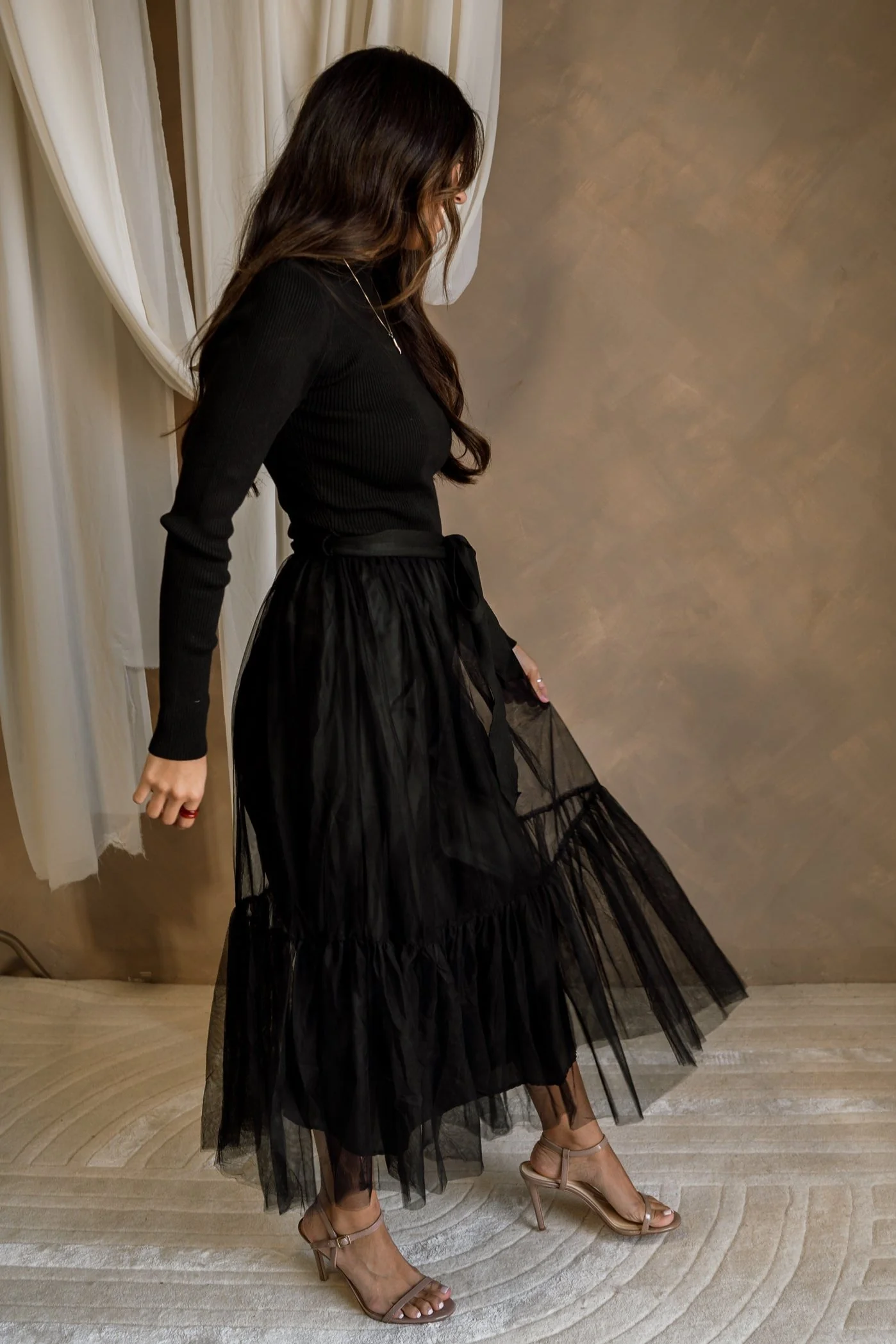 Melina Black Knit & Tulle Midi Dress - Image 3