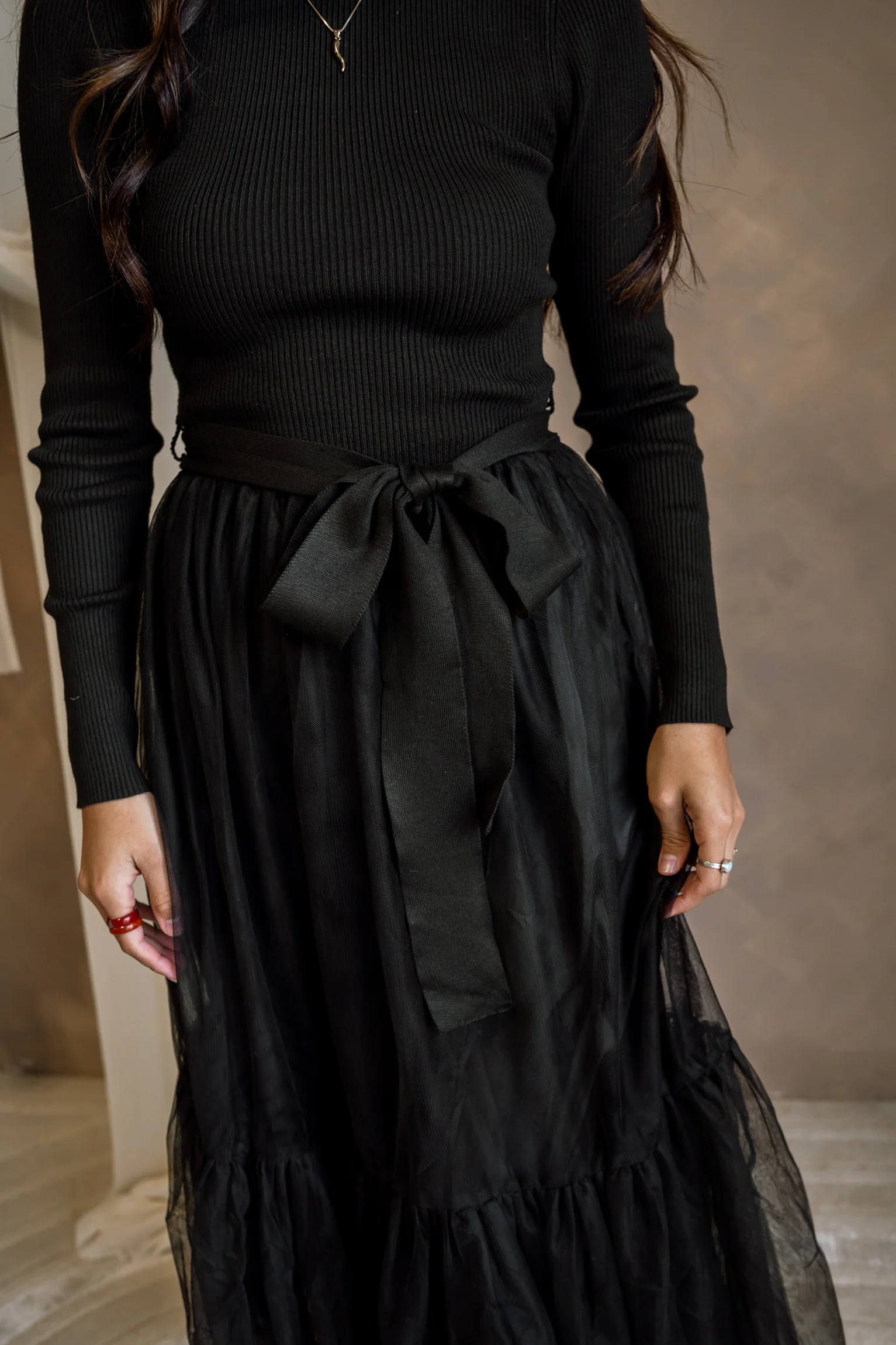 Melina Black Knit & Tulle Midi Dress - Image 4