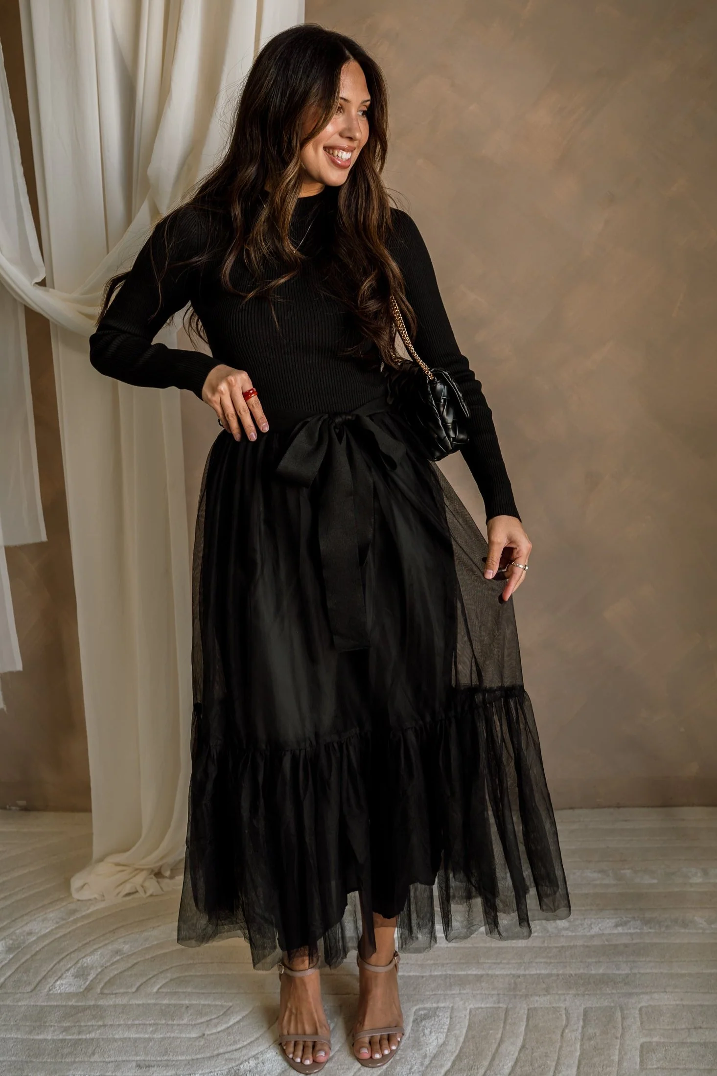 Melina Black Knit & Tulle Midi Dress - Image 5