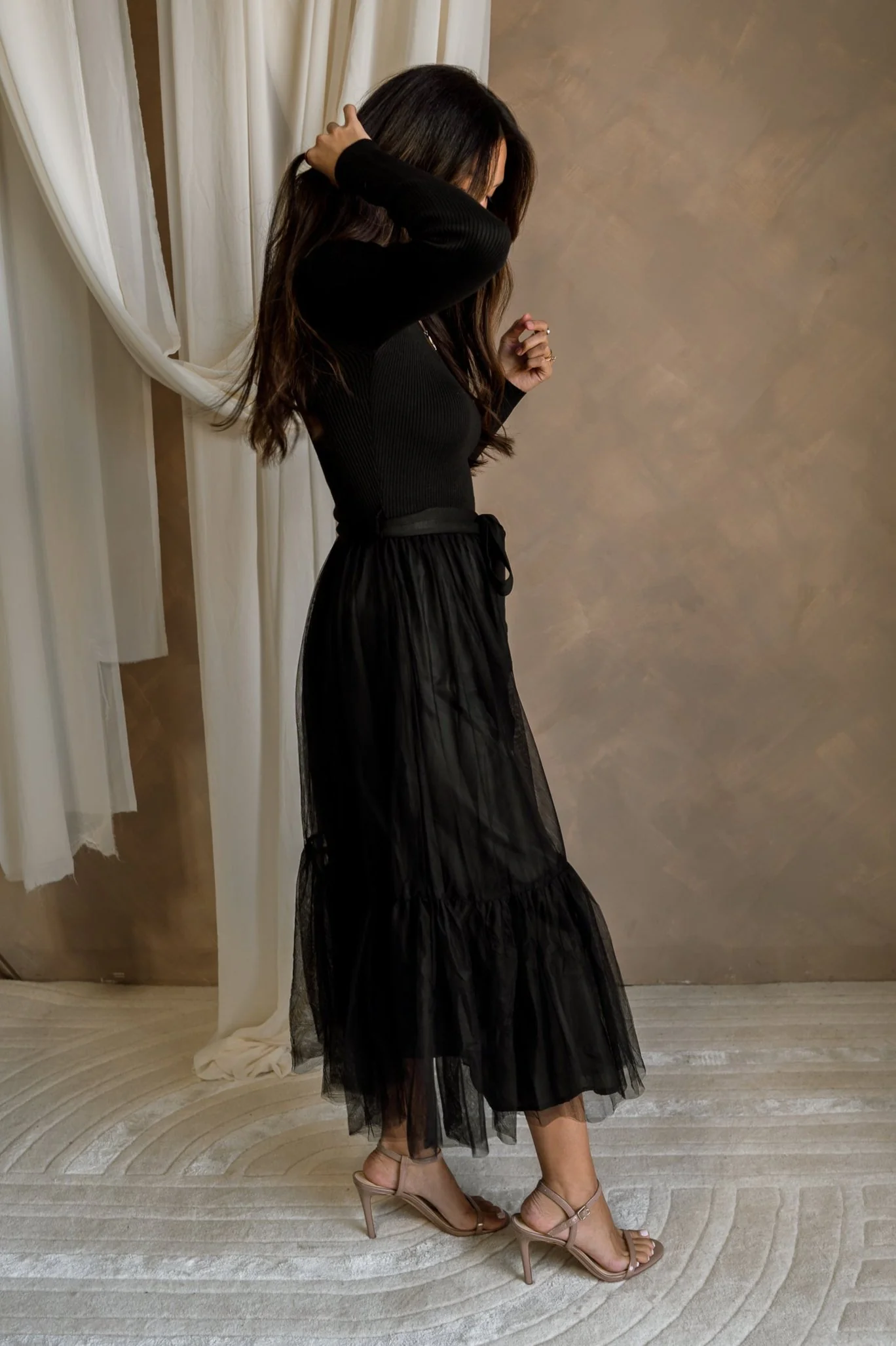 Melina Black Knit & Tulle Midi Dress - Image 6