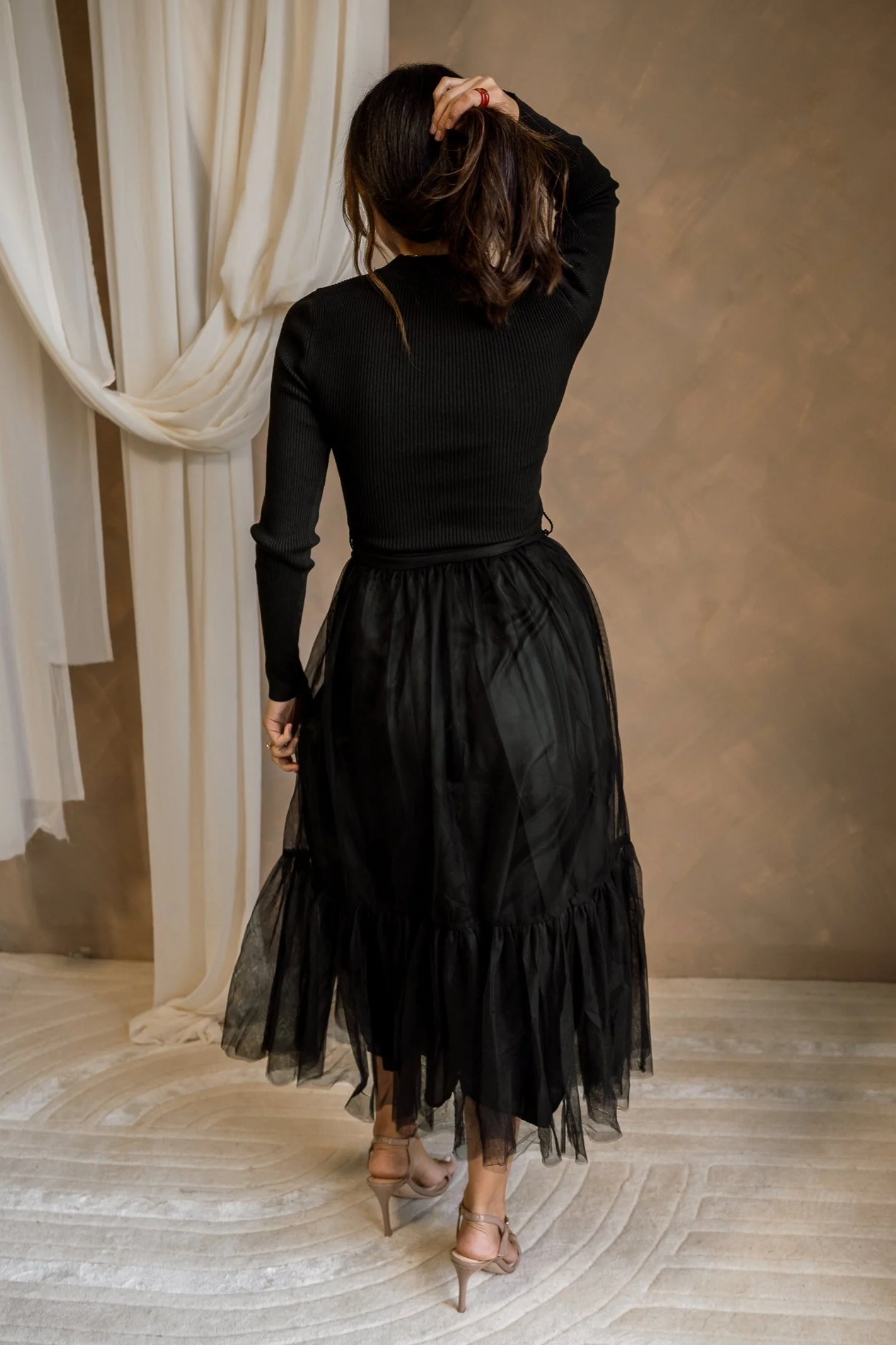 Melina Black Knit & Tulle Midi Dress - Image 7