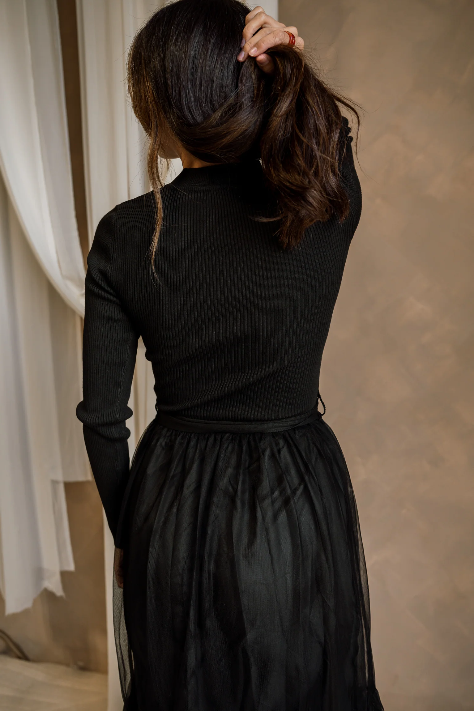 Melina Black Knit & Tulle Midi Dress - Image 8
