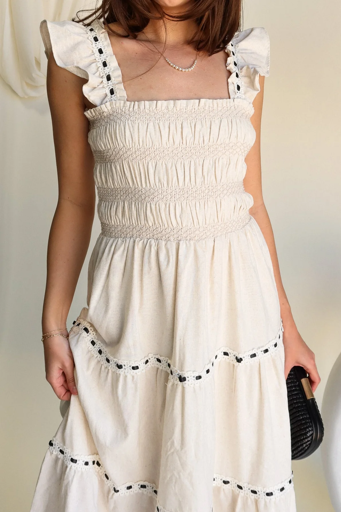 Melina Oatmeal Lace Trim Midi Dress - Image 9