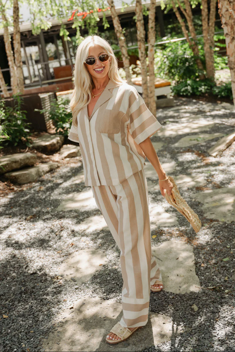 Melina Taupe & Cream Striped Button-Up Top - Image 4