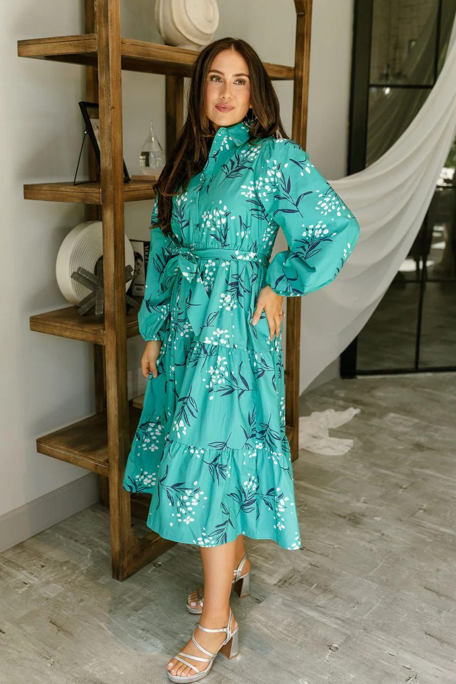 Melinda Teal Floral Midi Dress - Image 4