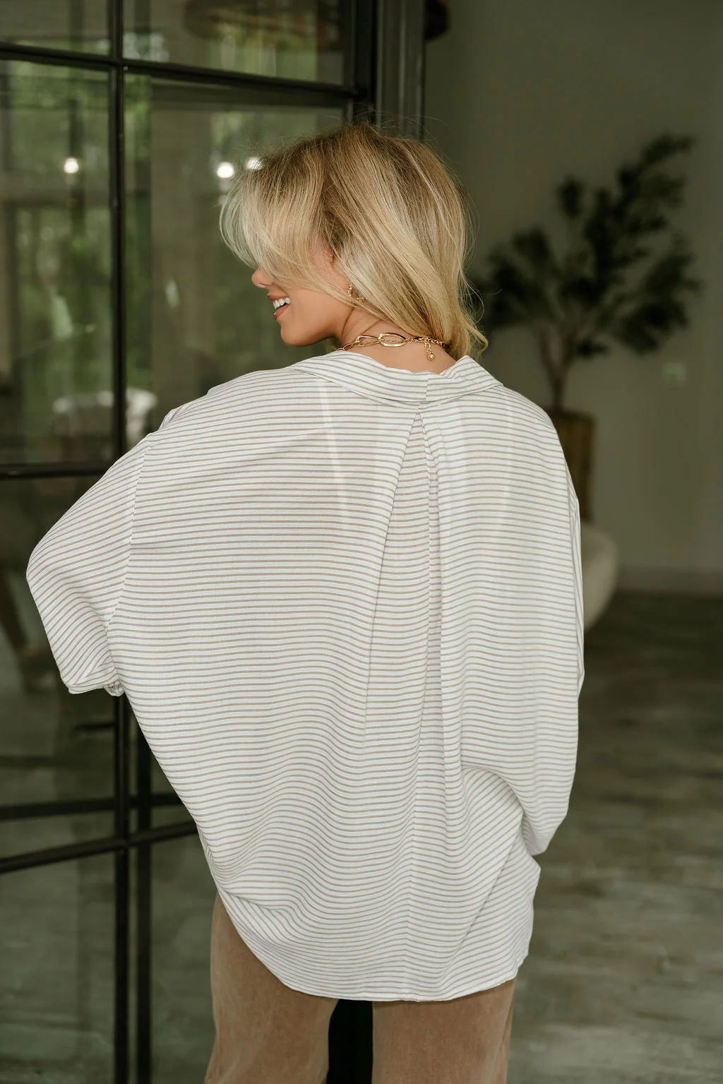 Melissa Taupe & White Stripe Button Up Top - Image 4