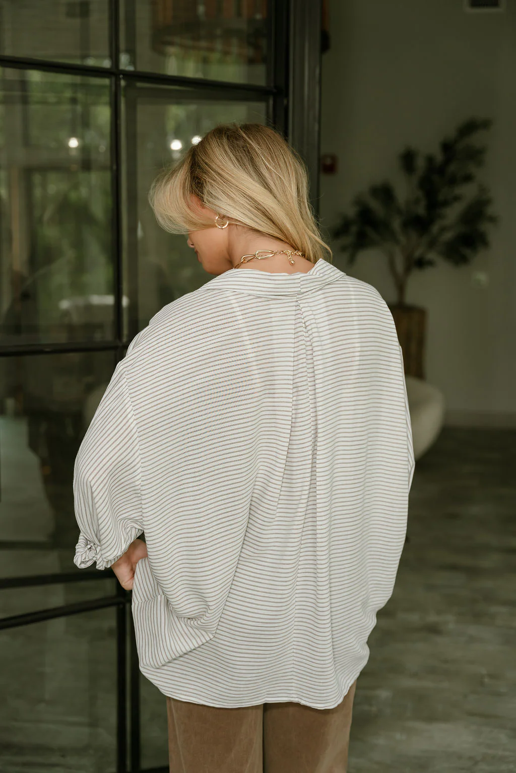 Melissa Taupe & White Stripe Button Up Top - Image 8