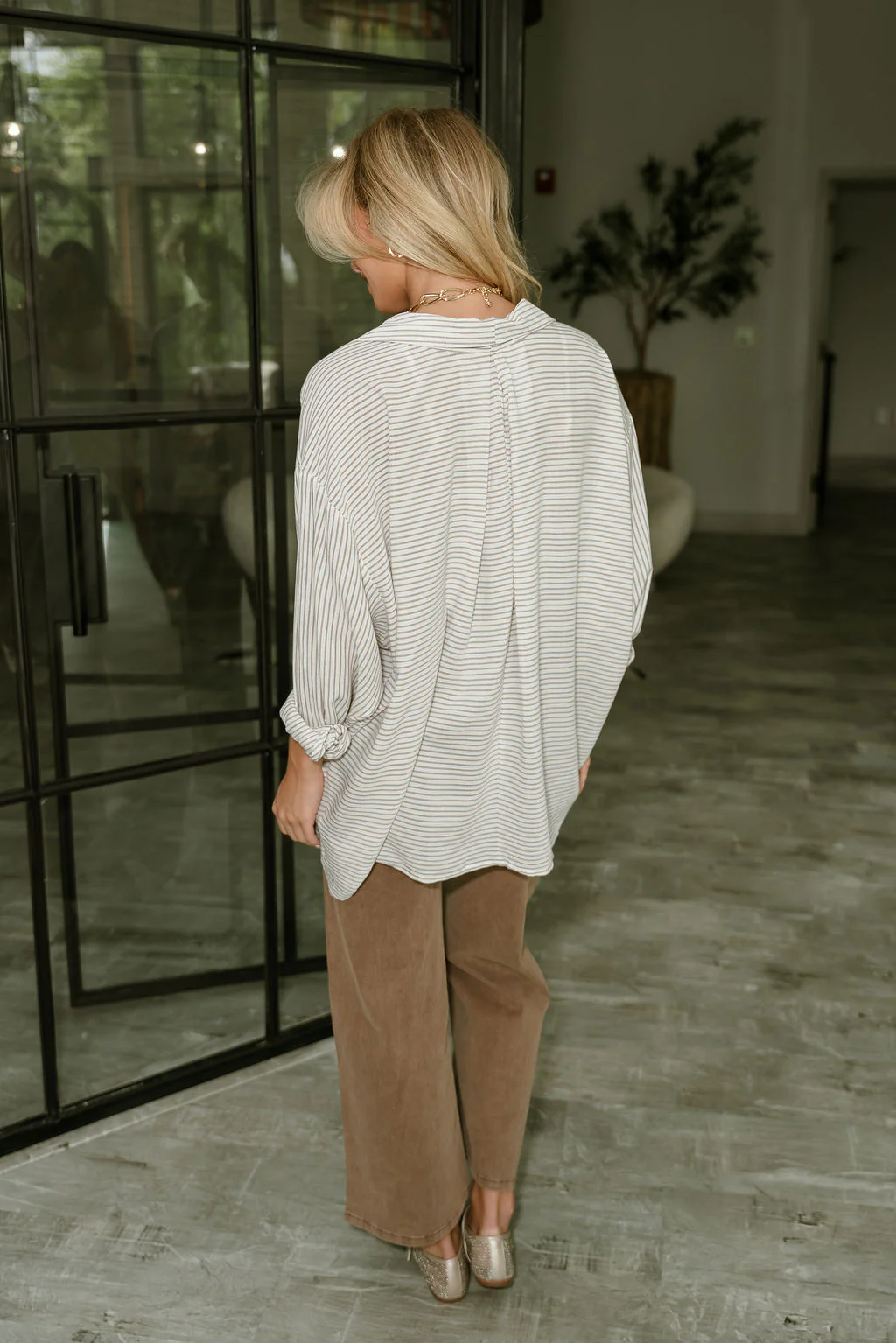 Melissa Taupe & White Stripe Button Up Top - Image 9