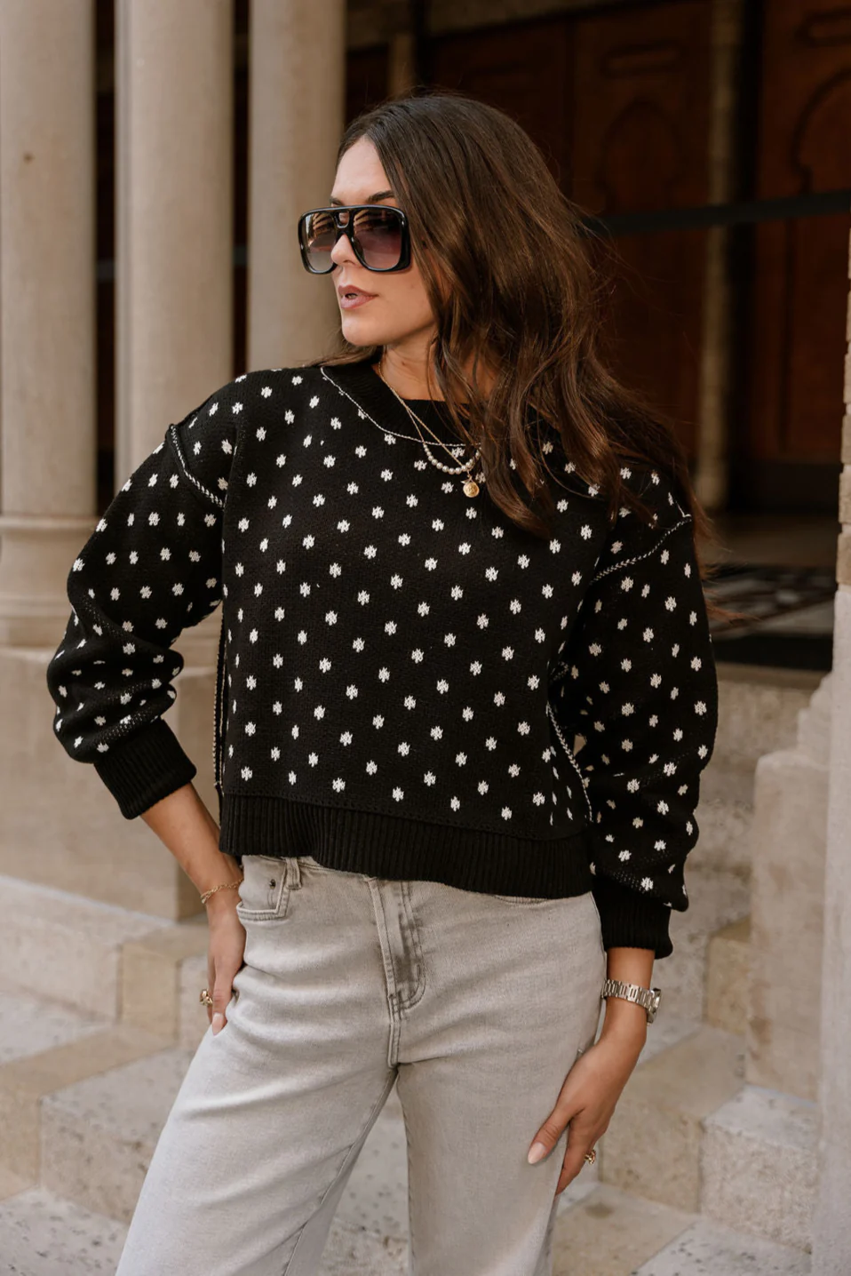 Meredith Black & White Polka Dot Knit Sweater - Image 2