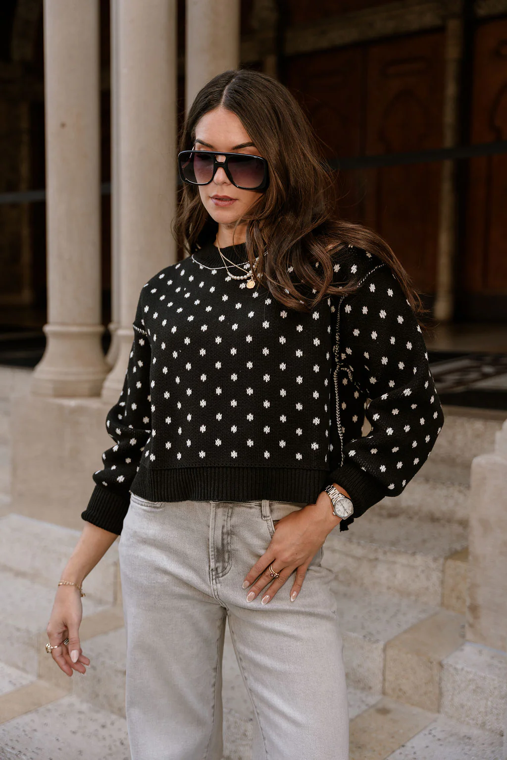 Meredith Black & White Polka Dot Knit Sweater - Image 5