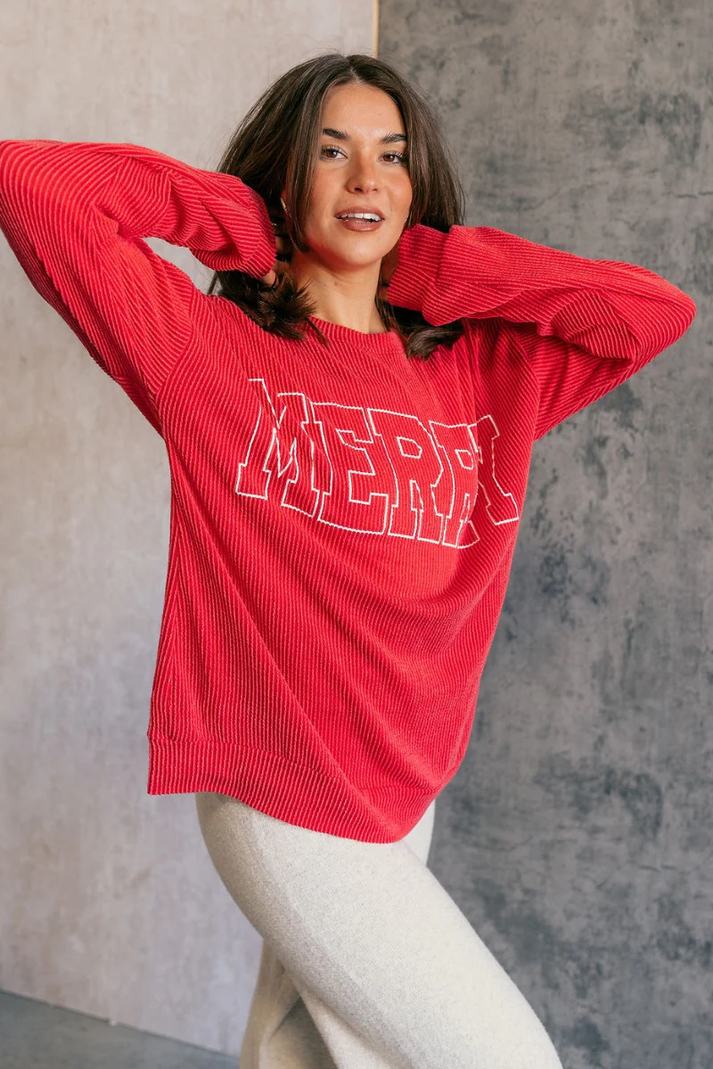 Merry Red Ribbed Long Sleeve Sweater