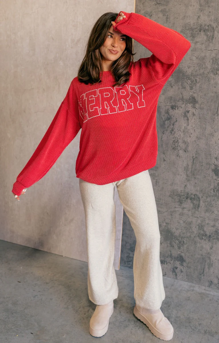 Merry Red Ribbed Long Sleeve Sweater - Image 2