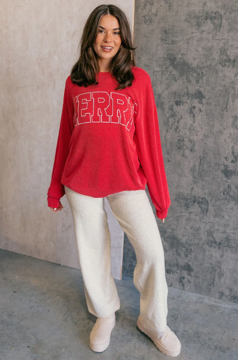 Merry Red Ribbed Long Sleeve Sweater - Image 3