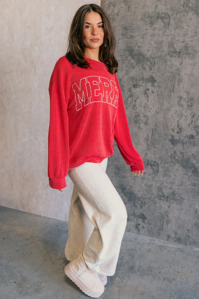 Merry Red Ribbed Long Sleeve Sweater - Image 7