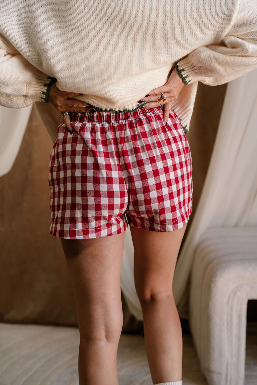 Merry Red & White Plaid Pajama Shorts - Image 11