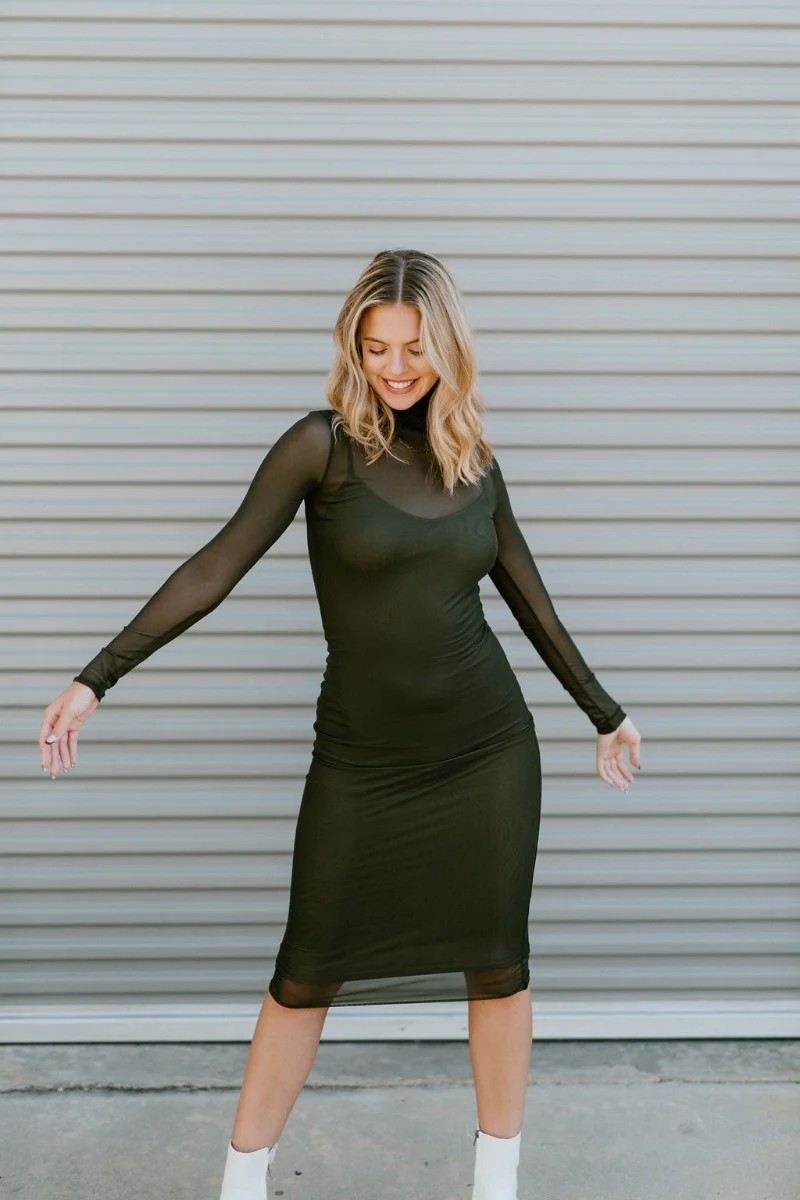 Mesh Well Midi Dress in Olive - Image 3
