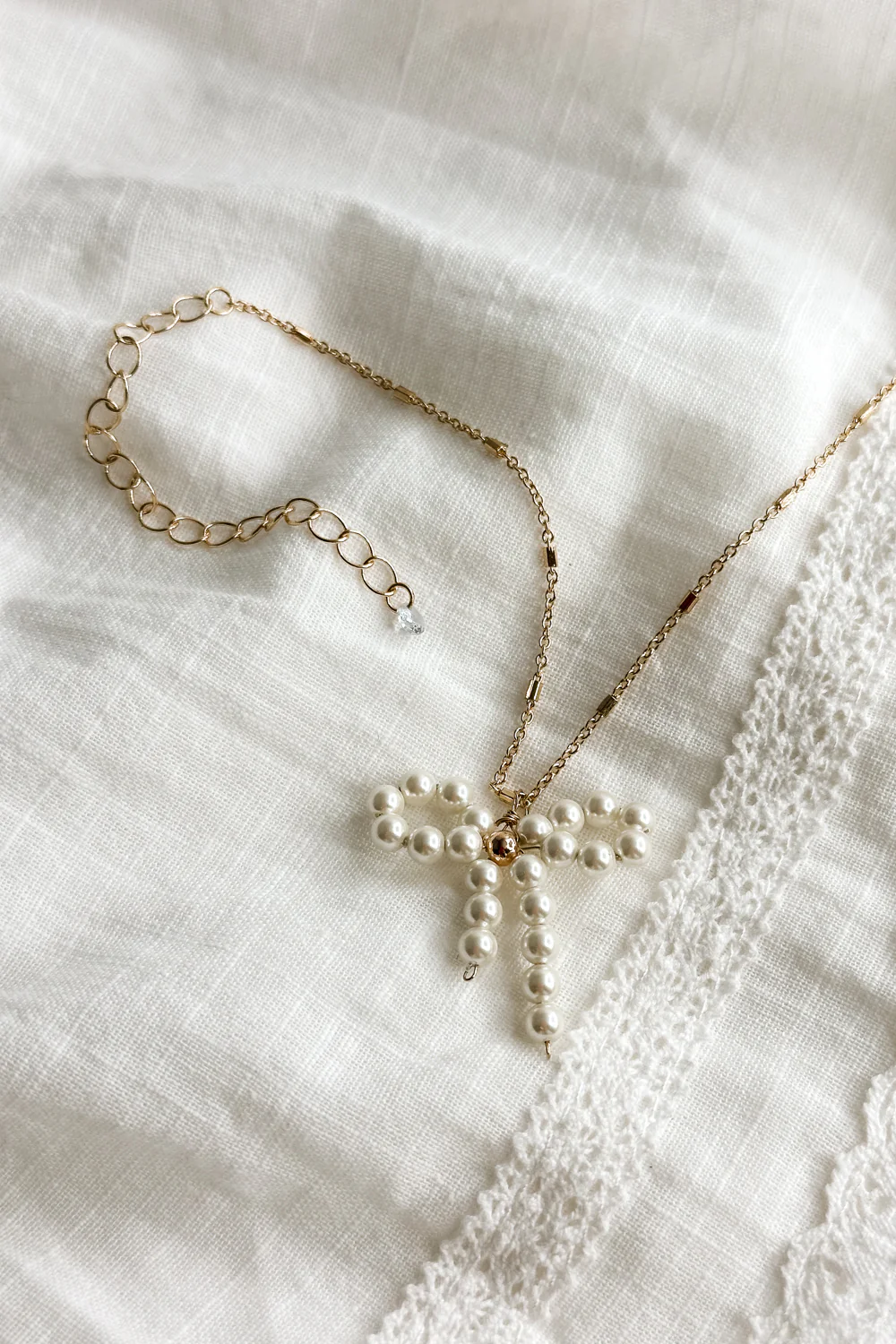 Mia Gold & Pearl Bow Necklace - Image 2