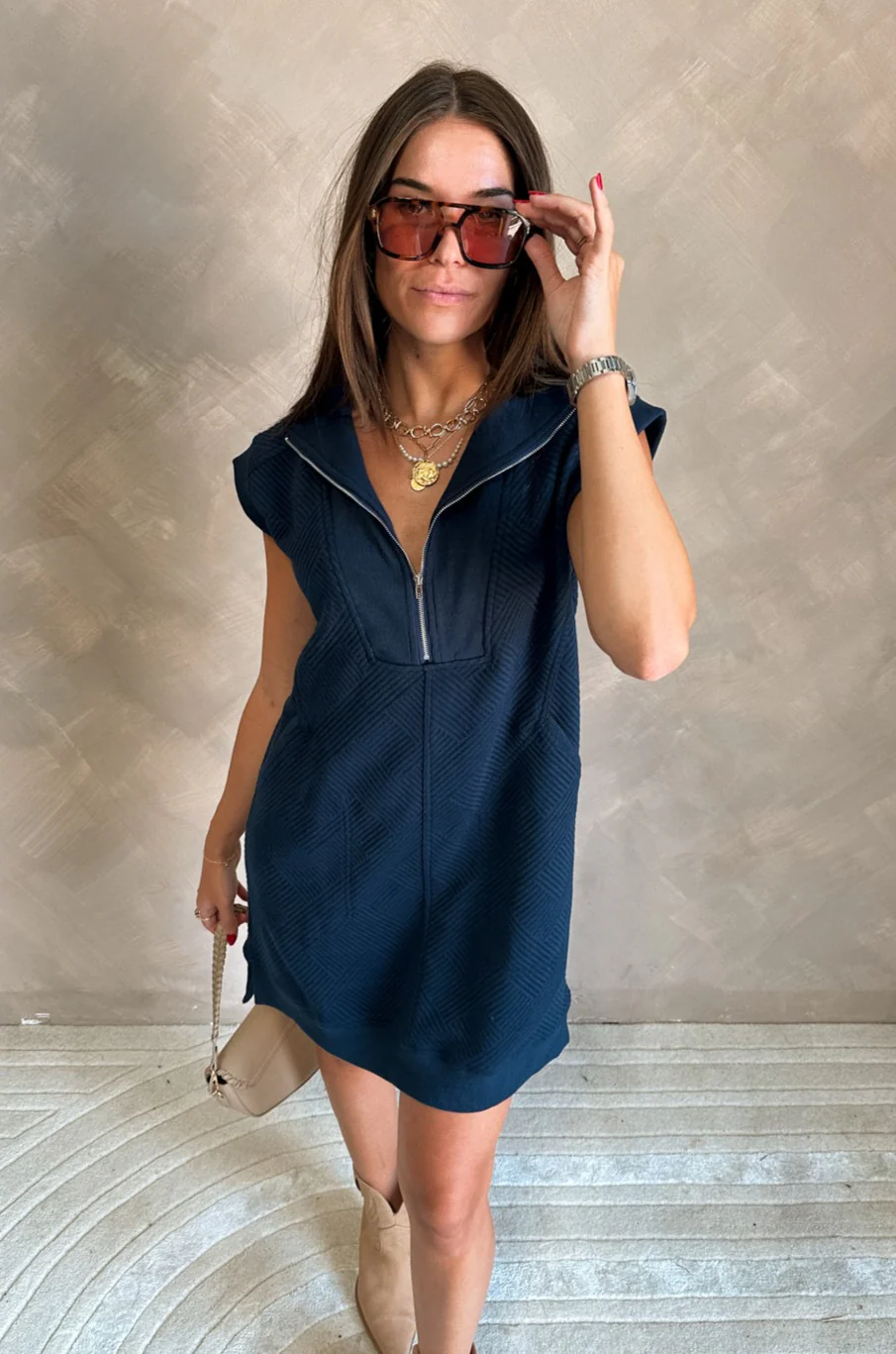 Micah Navy Quarter-Zip Mini Dress