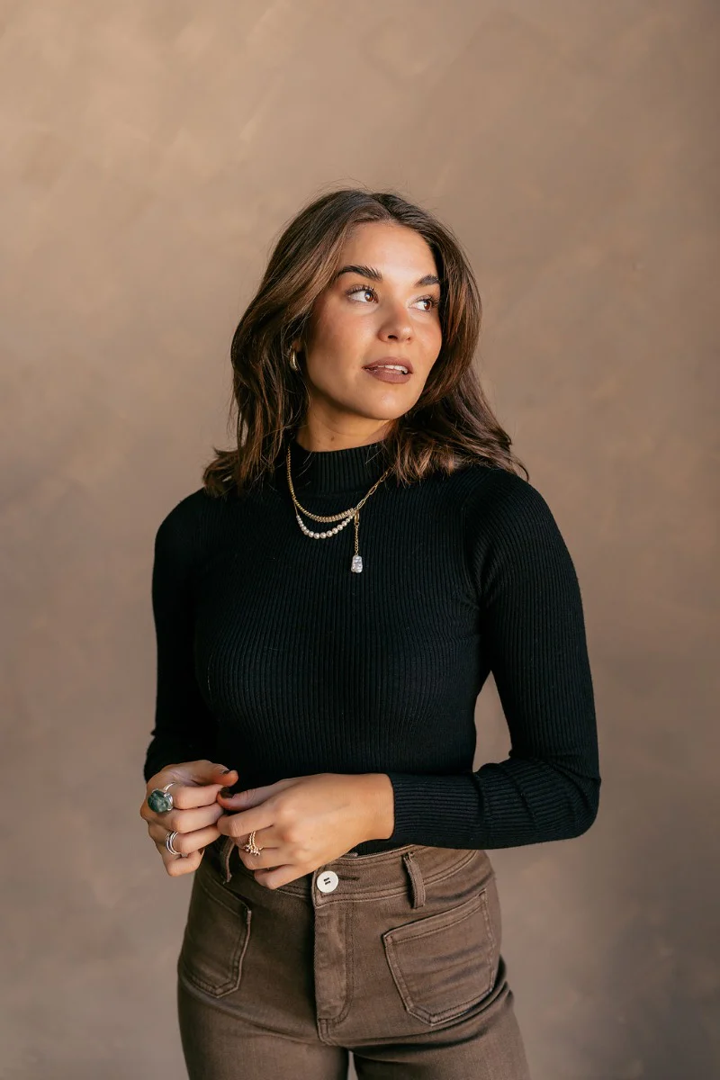 Mila Black Ribbed Long Sleeve Top - Image 2