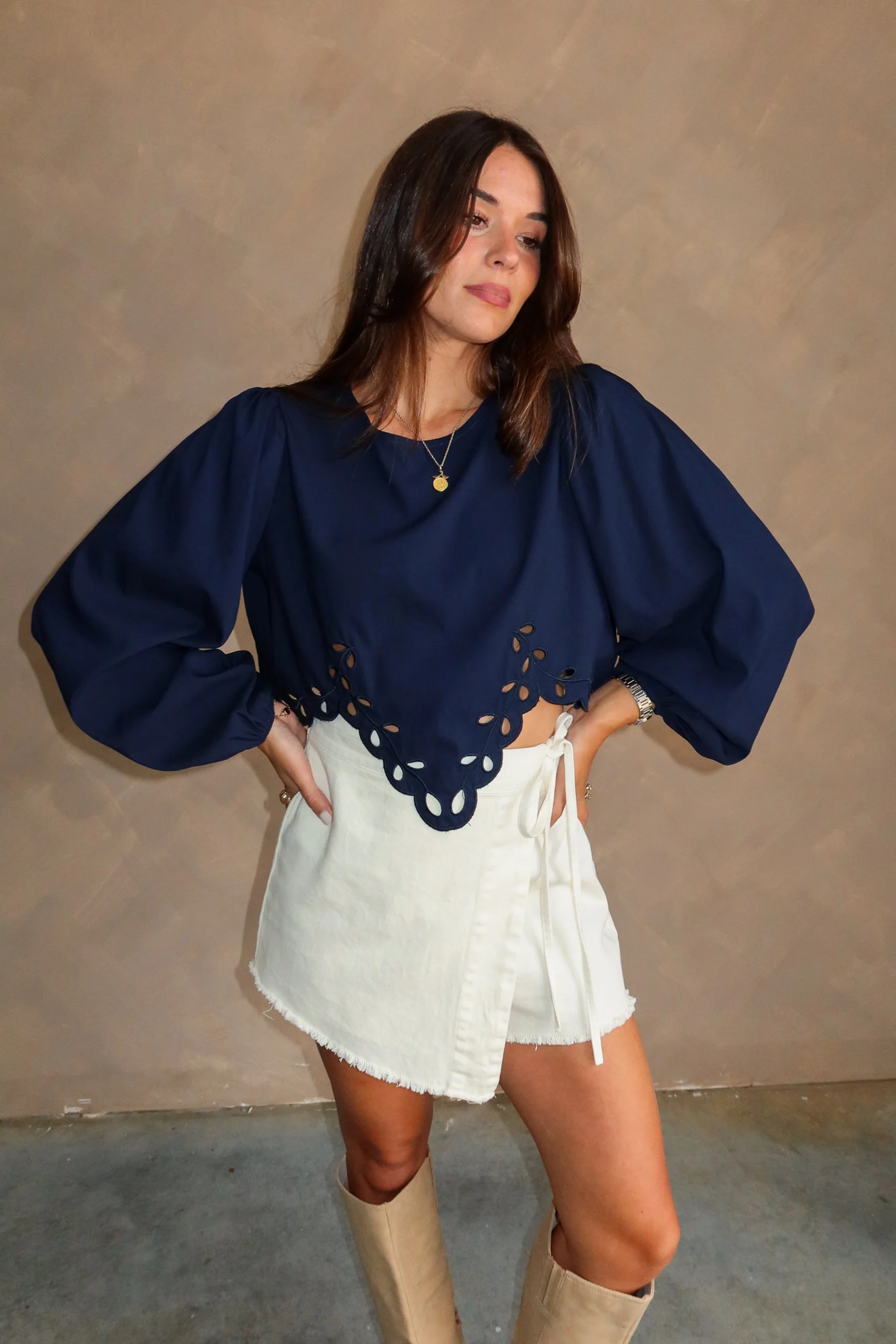 Mila Navy Eyelet Cropped Long Sleeve Top - Image 3