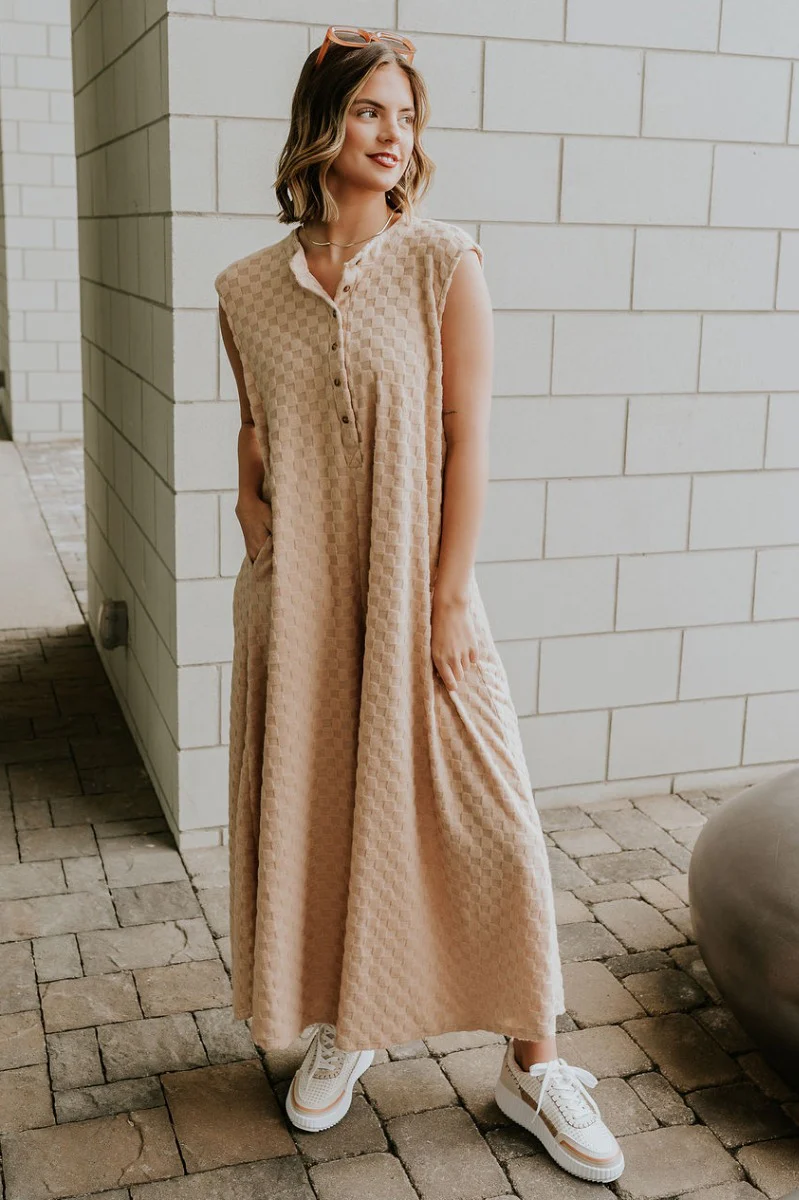 Mila Taupe Textured Checkered Sleeveless Jumpsuit