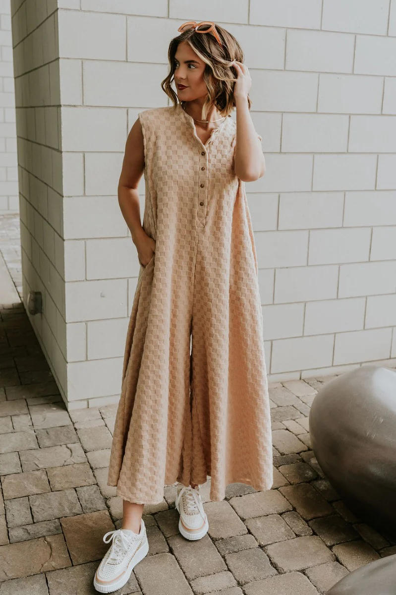 Mila Taupe Textured Checkered Sleeveless Jumpsuit - Image 2