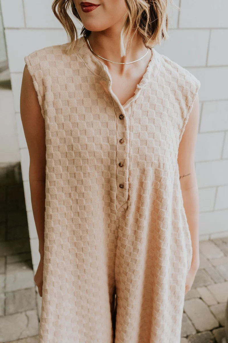 Mila Taupe Textured Checkered Sleeveless Jumpsuit - Image 6