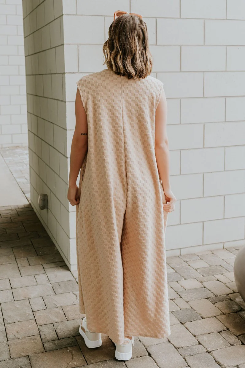 Mila Taupe Textured Checkered Sleeveless Jumpsuit - Image 7