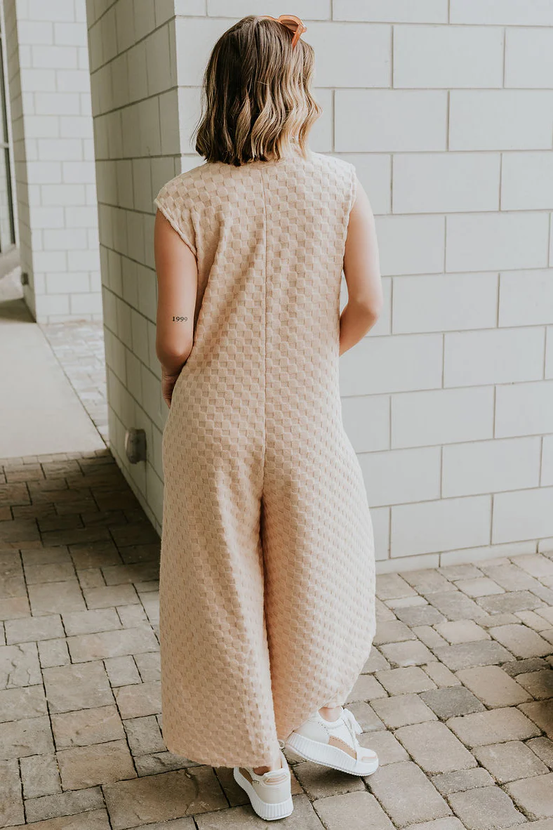 Mila Taupe Textured Checkered Sleeveless Jumpsuit - Image 9