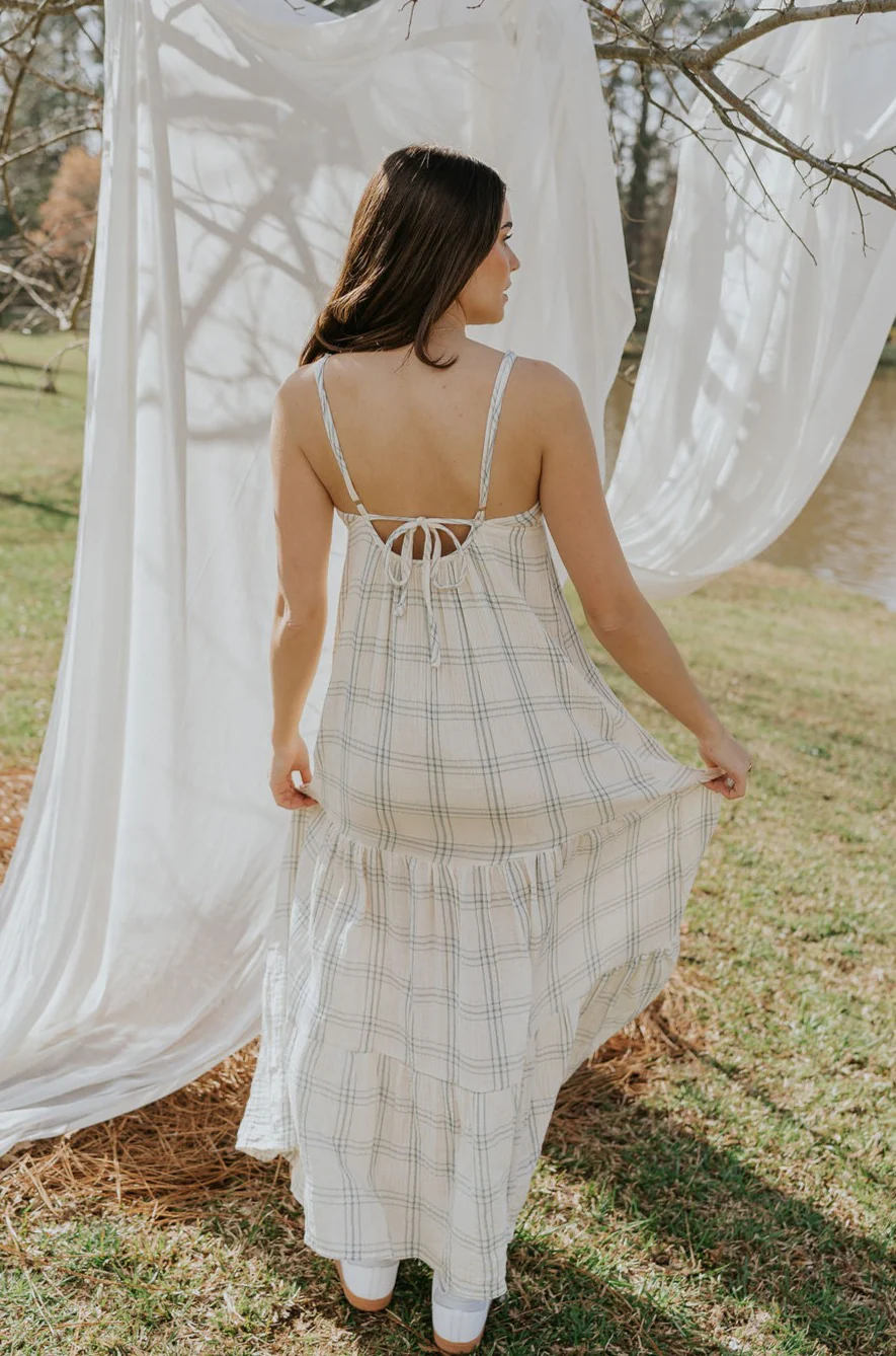 Milana Ivory & Blue Plaid Maxi Dress - Image 3