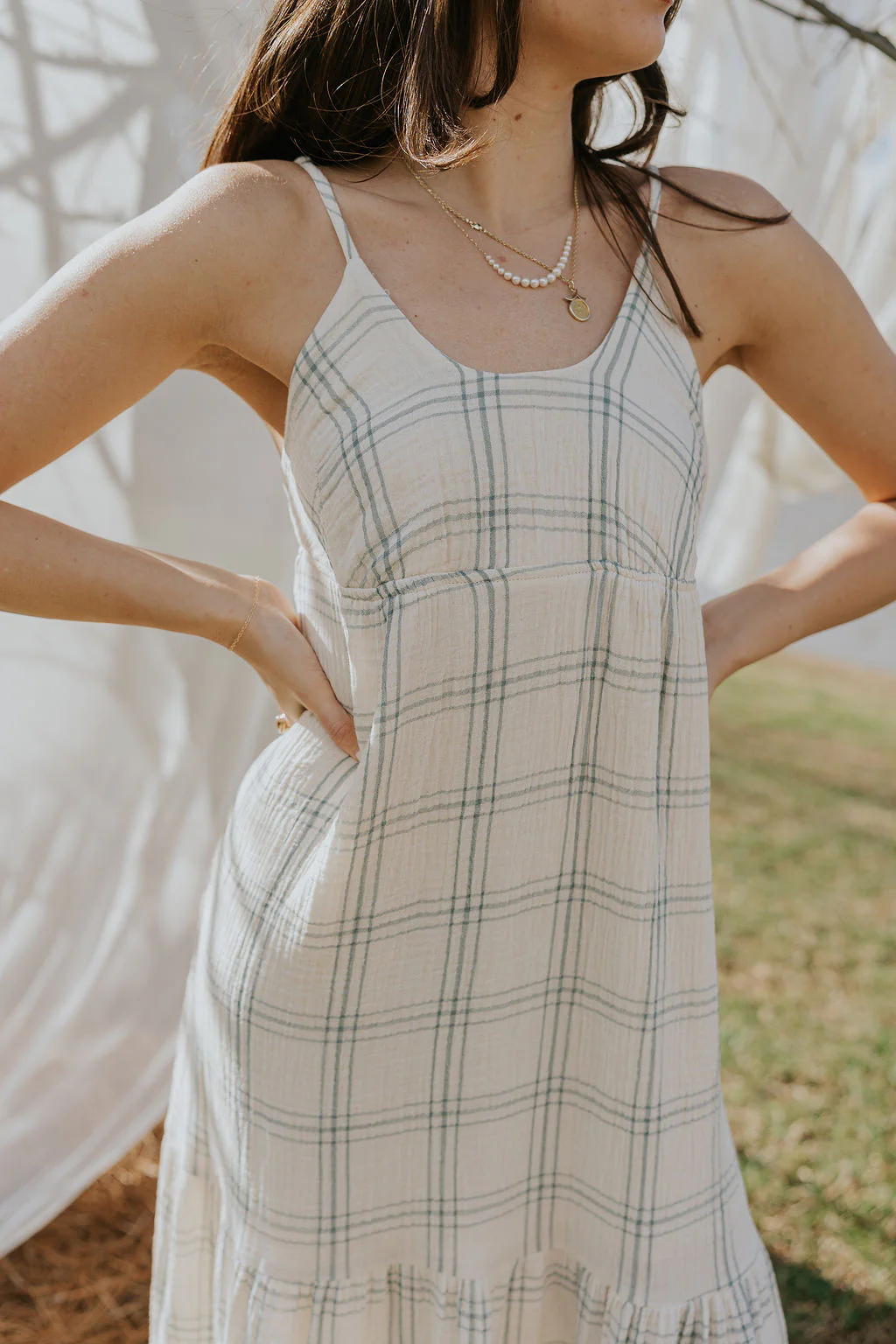 Milana Ivory & Blue Plaid Maxi Dress - Image 4