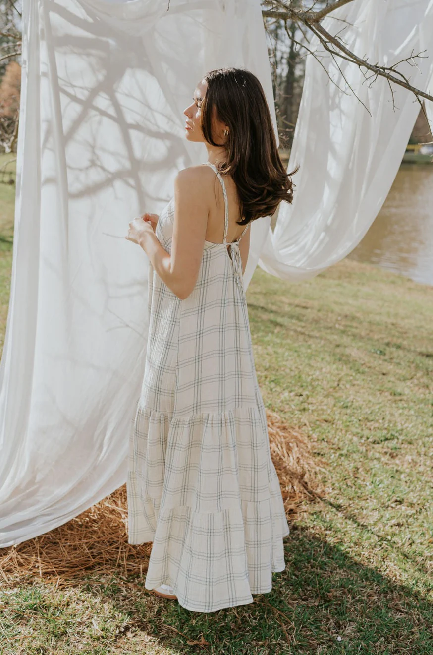 Milana Ivory & Blue Plaid Maxi Dress - Image 6