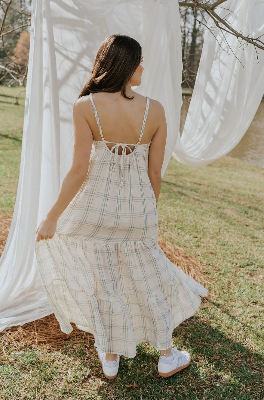 Milana Ivory & Blue Plaid Maxi Dress - Image 7