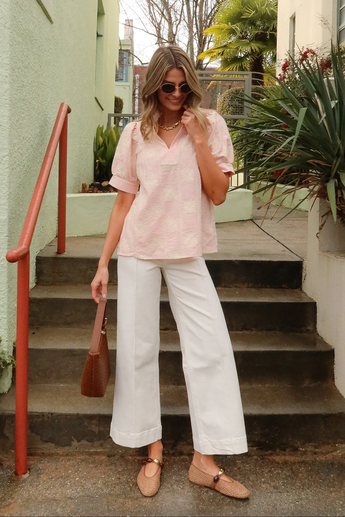 Millie Pink Gingham & Crochet Ruffled Top - Image 2