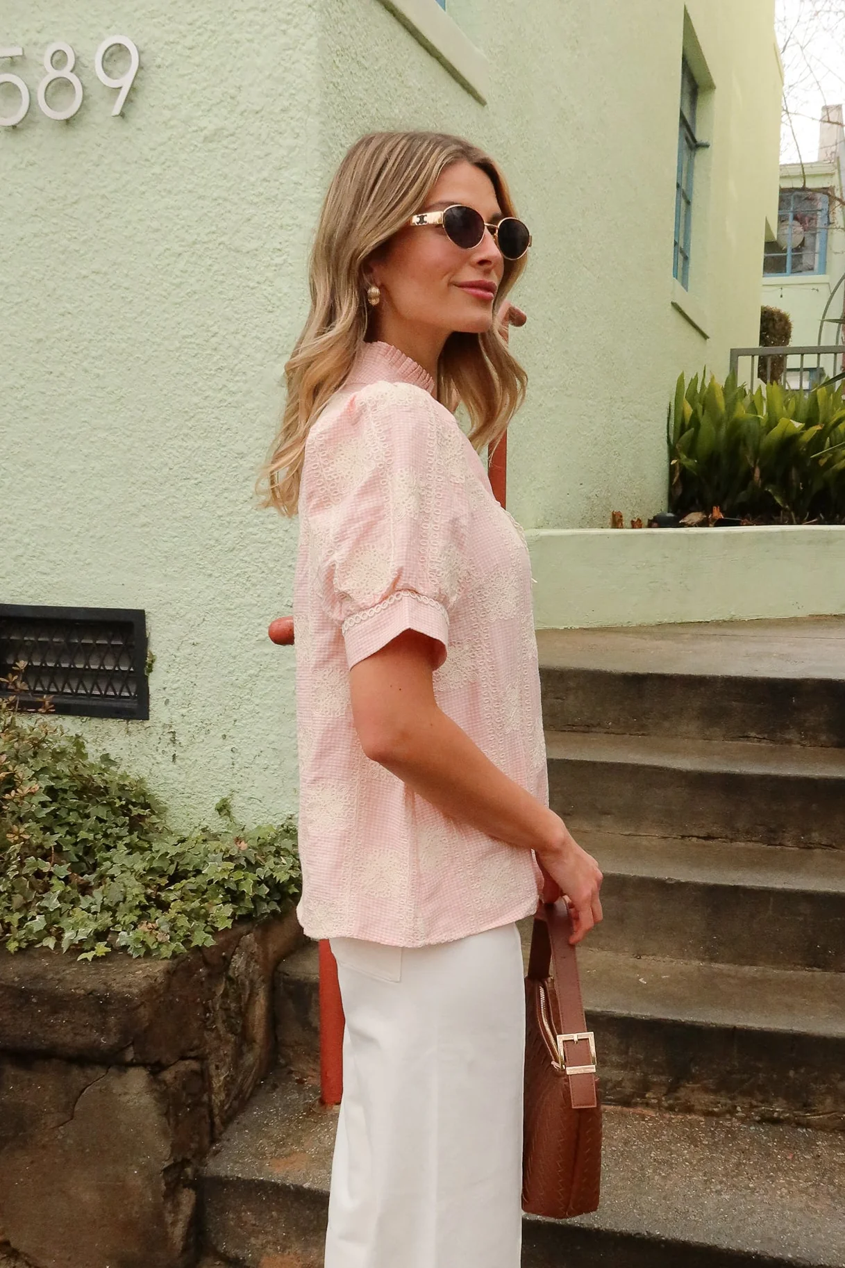 Millie Pink Gingham & Crochet Ruffled Top - Image 3